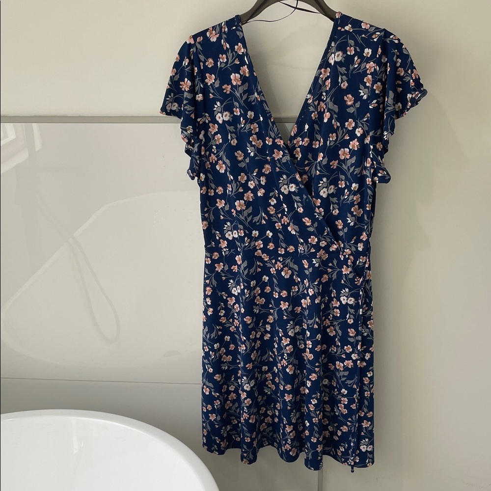Kaileigh Navy Floral Wrap Mini Dress with Pink & Cream Blooms
